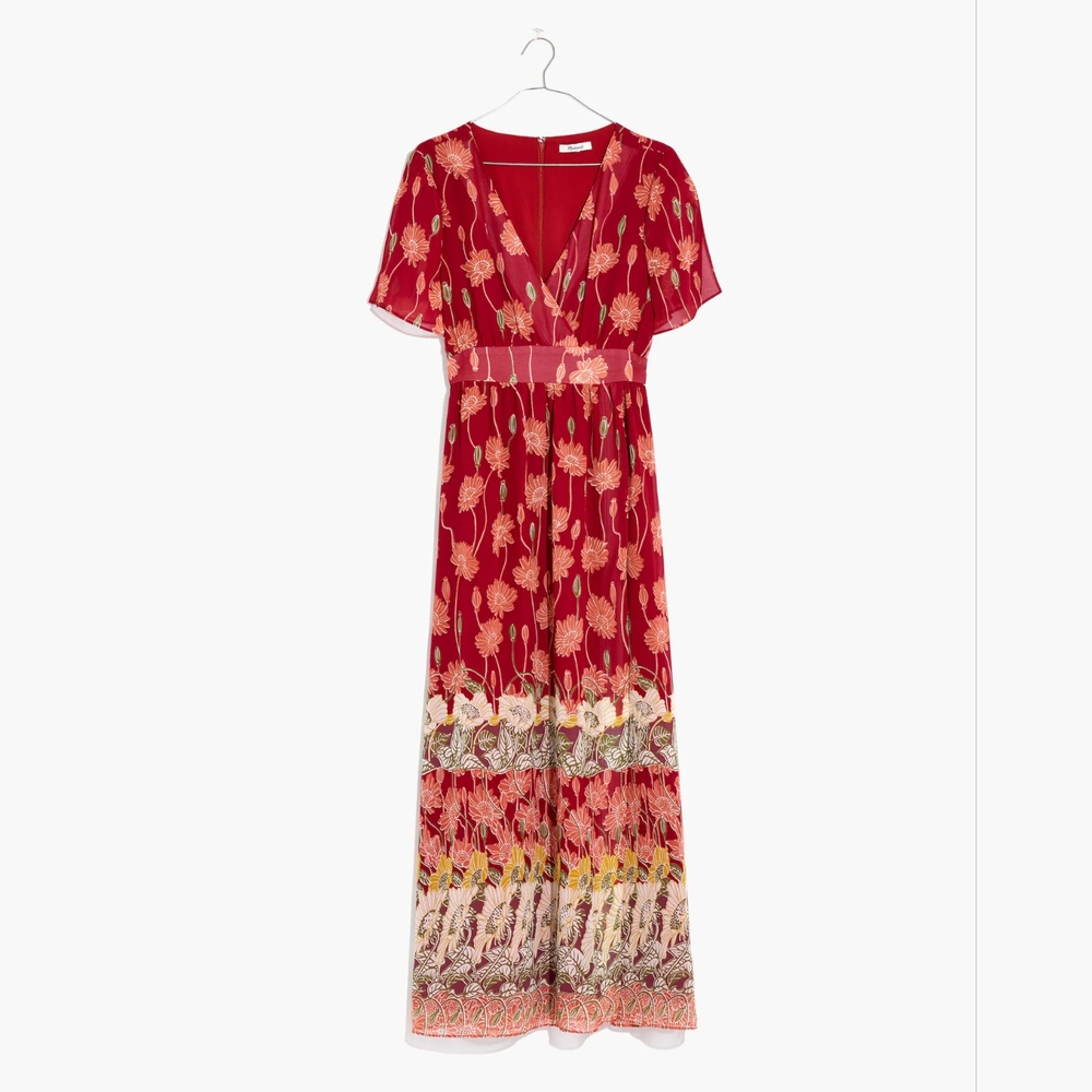 Madewell Tulip Sleeve Maxi Dress in Tall Sunflowers Red Gold Cream Boho 10-12
